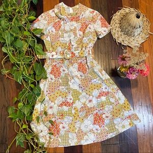 60’s beautiful lightweight floral belted midi